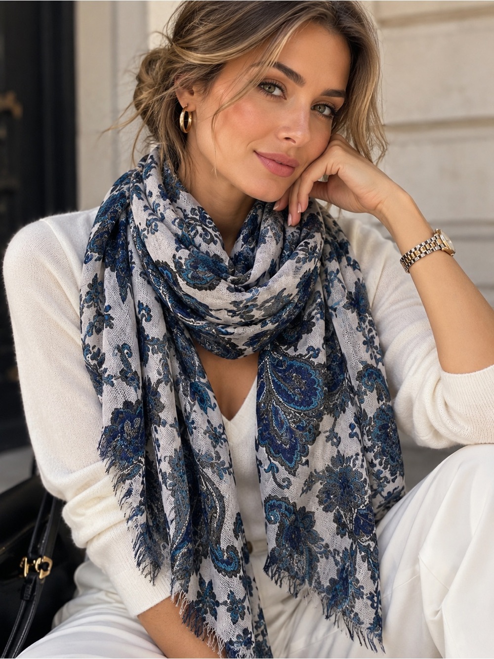 Massimo Dutti Blue Paisley Floral Lightweight Scarf Wrap